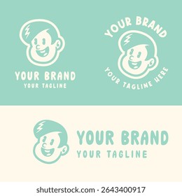 Retro cartoon boy logo with angry expression in blue and white. Perfect for playful, edgy, or youth-oriented branding. Editable EPS vector for scalable use in any design project