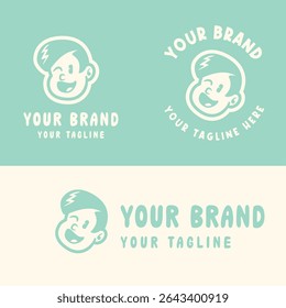 Retro cartoon boy logo with angry expression in blue and white. Perfect for playful, edgy, or youth-oriented branding. Editable EPS vector for scalable use in any design project