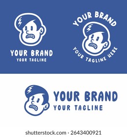 Retro cartoon boy logo with angry expression in blue and white. Perfect for playful, edgy, or youth-oriented branding. Editable EPS vector for scalable use in any design project