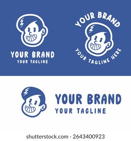 Retro cartoon boy logo with angry expression in blue and white. Perfect for playful, edgy, or youth-oriented branding. Editable EPS vector for scalable use in any design project