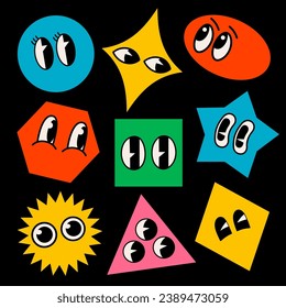 Retro cartoon brutalist shape funny faces. Groovy vintage 30s 60s 70s minimalistic faces with various emotions on abstract shapes