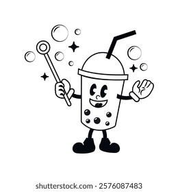 Retro cartoon bubble tea groovy character on white background. Vector vintage flat boba drink mascot illustration.