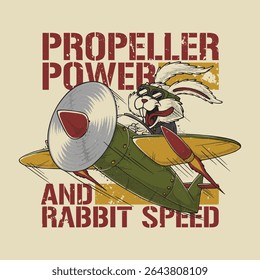 Retro Cartoon Bunny Pilot Flying Vintage Fighter Plane