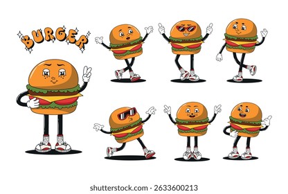 Retro cartoon burger character set, different poses and angles. Groovy funky fast food mascot with happy smiling face collection. 60s, 70s, 80s hippie psychedelic vector illustrations.
