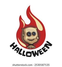 retro cartoon burning scarecrow head with big button eyes illustration with hallowen writing vector graphic for apparel prints, posters and other uses