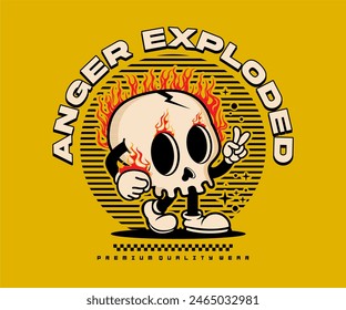 retro cartoon burning skull character illustration with anger exploded slogan Vector graphic for apparel prints, posters and other uses.