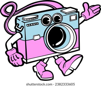 retro cartoon camera character walking   
