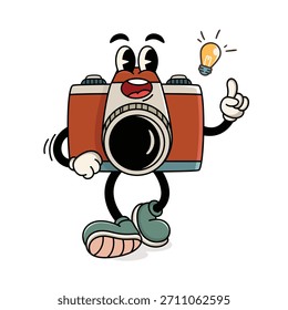 Mascota de cámara de dibujos animados retro con bombilla de la idea
