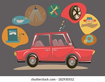 Retro Cartoon Car with car icons set, VECTOR