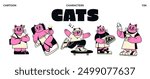 Retro cartoon cats mascots characters in the y2k style. Cyber ​​animal with stars for 90s design. Collection vector cartoon futuristic objects