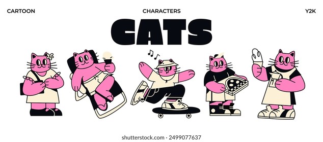 Retro cartoon cats mascots characters in the y2k style. Cyber ​​animal with stars for 90s design. Collection vector cartoon futuristic objects