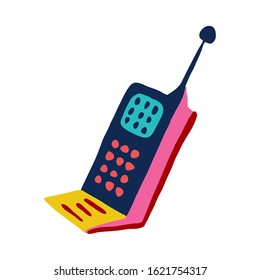 Retro cartoon cellular telephone with antenna, old phone symbol. Satellite call icon vector illustration isolated on white background.