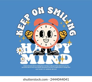retro cartoon character alarm clock with slogan happy mind, hand drawn vector illustration for t shirt design, streetwear, screen printing