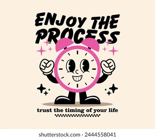 retro cartoon character alarm clock with slogan motivational, graphic design for t shirt streetwear, urban Style and screen printing