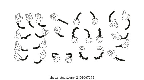 Retro cartoon character arms linear vector icons set on white background. Mascot hand gestures graphic constructor elements. Comic art