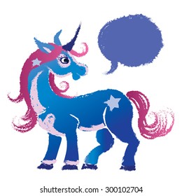 Retro cartoon character Blue Unicorn with speech bubble - watercolor vector illustration.  Hand drawn grunge paint with brush strokes. Isolated on white. Design element. Eps 10.