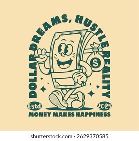 Retro cartoon character of dollar in a line art vector illustration, perfect for graphic t-shirt prints, posters, and merchandise