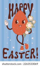 Retro cartoon character easter egg with flowers Power. Groovy vintage cute mascot. Vector illustration. Happy Easter greeting vertical card