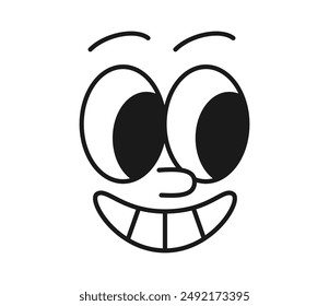 Retro cartoon character face flaunts groovy, toothy grin, with exaggerated, expressive eyes, Isolated vector monochrome comic smile emoji, radiating a blend of quirky charm and cute, nostalgic vibes