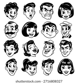 Carácter de dibujos animados retro Caras Colección Negro y Blanco Antiguas Avatar Set	
