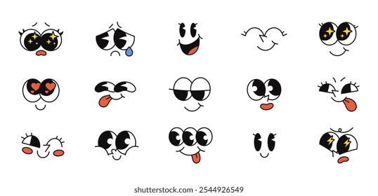 Personagem de desenho animado retrô enfrenta com diferentes emoções. Quirky vintage mascote olhos e bocas sorridente ou piscando, estilo velho animação personagens expressões faciais vetor conjunto