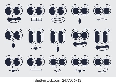 Retro Cartoon Character Facial Expressions. Vintage Vector Illustration Set