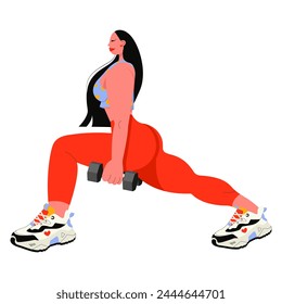  Retro cartoon character fitness active woman in sportswear dumbbell training. Vector flat illustration in groovy style isolated on a transparent background. 80s nostalgia. Active lifestyle concept.