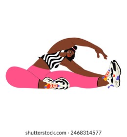  Retro cartoon character fitness active woman in sportswear dumbbell training. Vector flat illustration in groovy style isolated on a transparent background. 80s nostalgia. Active lifestyle concept.