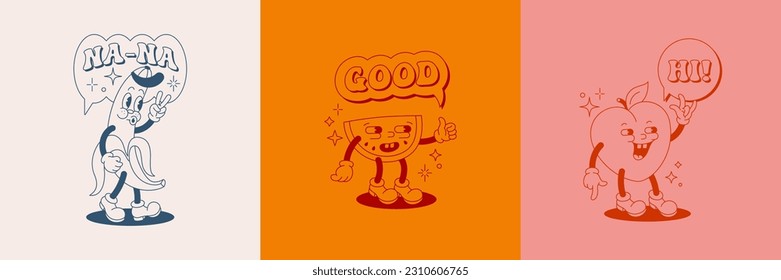 Retro Cartoon Character Fruit Poster Set. Vector Funny Comic Illustration with Banana, Watermelon and Peach in Trendy Groovy Style for T-Shirt Print, Wall Art, Case Phone, Notepad Cover, Flyer, Cards