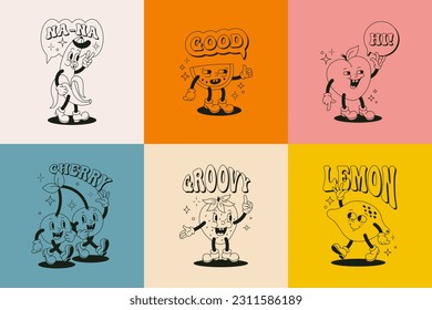 Retro Cartoon Character Fruit Poster Set. Vector Funny Comic Illustration with Banana, Cherry, Lemon, Strawberry, Watermelon and Peach in Trendy Groovy Style on Colorful Background for Wall Art, Cards