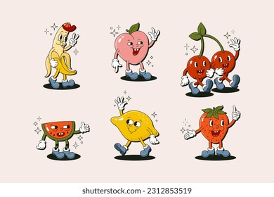 Retro Cartoon Character Fruit Set. Vector Funny Comic Illustration with Banana, Cherry, Lemon, Strawberry, Watermelon and Peach in Trendy Groovy Style for T-Shirt Print, Wall Art, Flyer, Cards