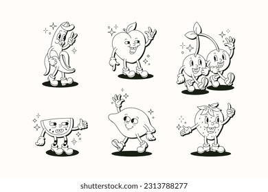 Retro Cartoon Character Fruit Set. Vector Funny Comic Illustration with Banana, Cherry, Lemon, Strawberry, Watermelon and Peach in Trendy Groovy Style for T-Shirt Print, Wall Art, Flyer, Cards