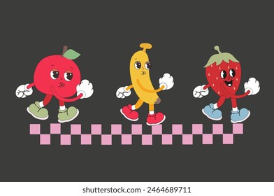 Retro Cartoon Character Fruit Set. Vector flat apple, banana and strawberry in Trendy Groovy Style. Groovy fruit characters