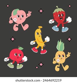 Retro Cartoon Character Fruit Set. Vector flat apple, banana, strawberry, peach and pineapple in Trendy Groovy Style. Groovy fruit characters on a gray background