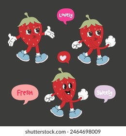 Personaje de dibujos animados retro Fruit. Vector de fresa roja plana en estilo Groovy de moda y burbujas de habla plana. Carácter estupendo