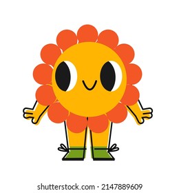 Retro cartoon character with funny face. Cute comic flower clip art
