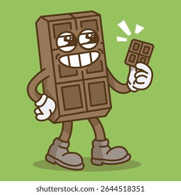 Retro Cartoon Character Illustration of Chocolate Bar Holding Chocolate. To Commemorate World Chocolate Day
