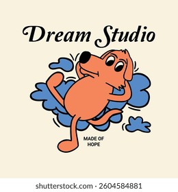 retro cartoon character illustration of dog lying on cloud