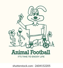 Retro cartoon character illustration of a rabbit playing football