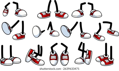 Retro Cartoon Character Legs With Red Sneakers In Dynamic Poses – Vector Hand Drawn Collection Set Isolated On Transparent Background