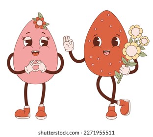 Retro cartoon character in love couple easter eggs. Groovy vintage cute mascots. Vector illustration