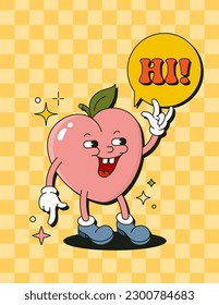 Retro Cartoon Character Peach Fruit Poster. Vector Funny Comic Illustration in Trendy Groovy Style for T-Shirt Print, Wall Art, Case Phone, Notepad Cover, Flyer, Cards, Social media.