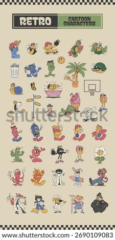 retro cartoon character set featuring funny animals, food, and objects in vintage 1930s style, vector illustration