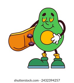 Personaje de dibujos animados retro en forma de aguacate con expresión pacífica de bozal y monopatín. Personaje de la fruta aislado animando la planta. Pegatina o emoji, emoticono para redes sociales. Vector en estilo plano