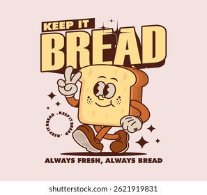 Retro cartoon character of a smiling bread slice. Fun, cute, and vintage-style food mascot illustration perfect for t-shirts, stickers, posters, and graphic design projects