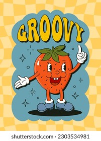 Retro Cartoon Character Strawberry Poster. Vector Funny Comic Illustration in Trendy Groovy Style for T-Shirt Print, Wall Art, Case Phone, Notepad Cover, Flyer, Cards, Social media.