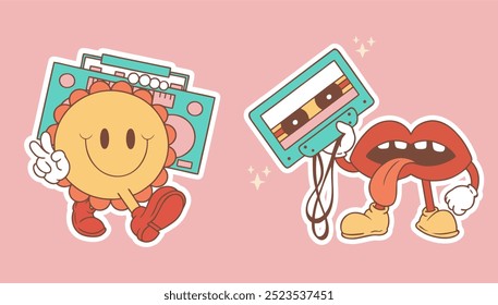 Retro cartoon character, sunflower with boom box, mouth with red lips and tongue out, holding a cassette tape, with pink background and pastel tones