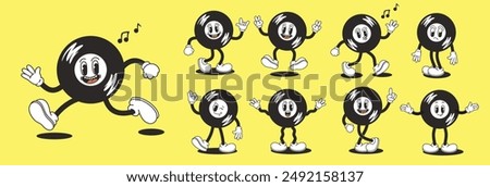 Retro cartoon character of vinyl record. Music streaming service icon, recording store logo. Vector illustration.