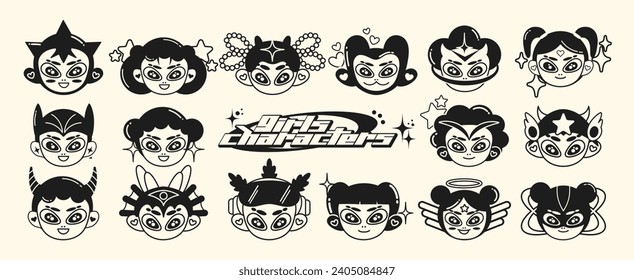 Caricatura retro al estilo Y2K. Ciberchicas con estrellas para el diseño de los años 90. Colección de objetos vectoriales funky futuristas	