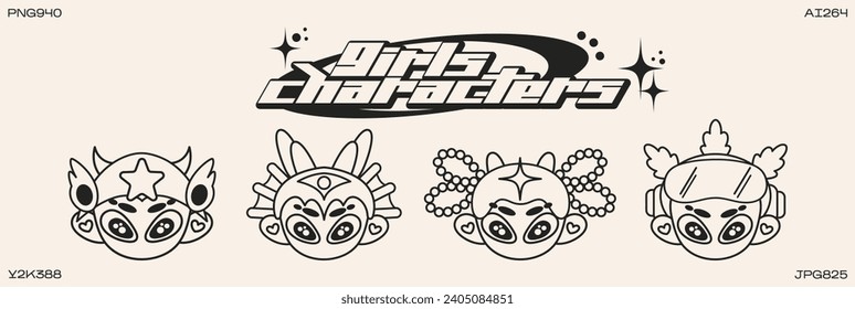 Retro cartoon character in Y2K style. Cyber girls with stars for 90s design. Collection of vector funky futuristic objects	